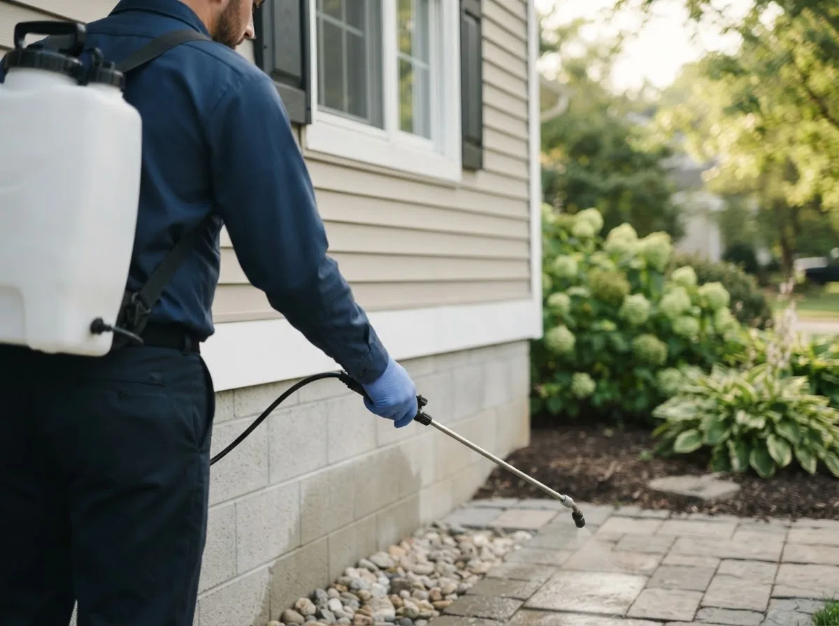 Pest control technician inspecting a home in Northport, MI